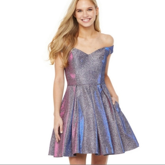 DJ Jazz Shimmering Irridescent Off Shoulder Sweetheart Neck Dress W- - Picture 1 of 16